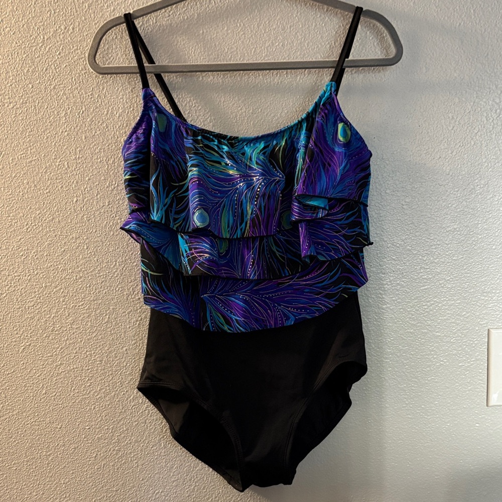 Elegant Black and Blue Ruffled One-Piece Swimsuit